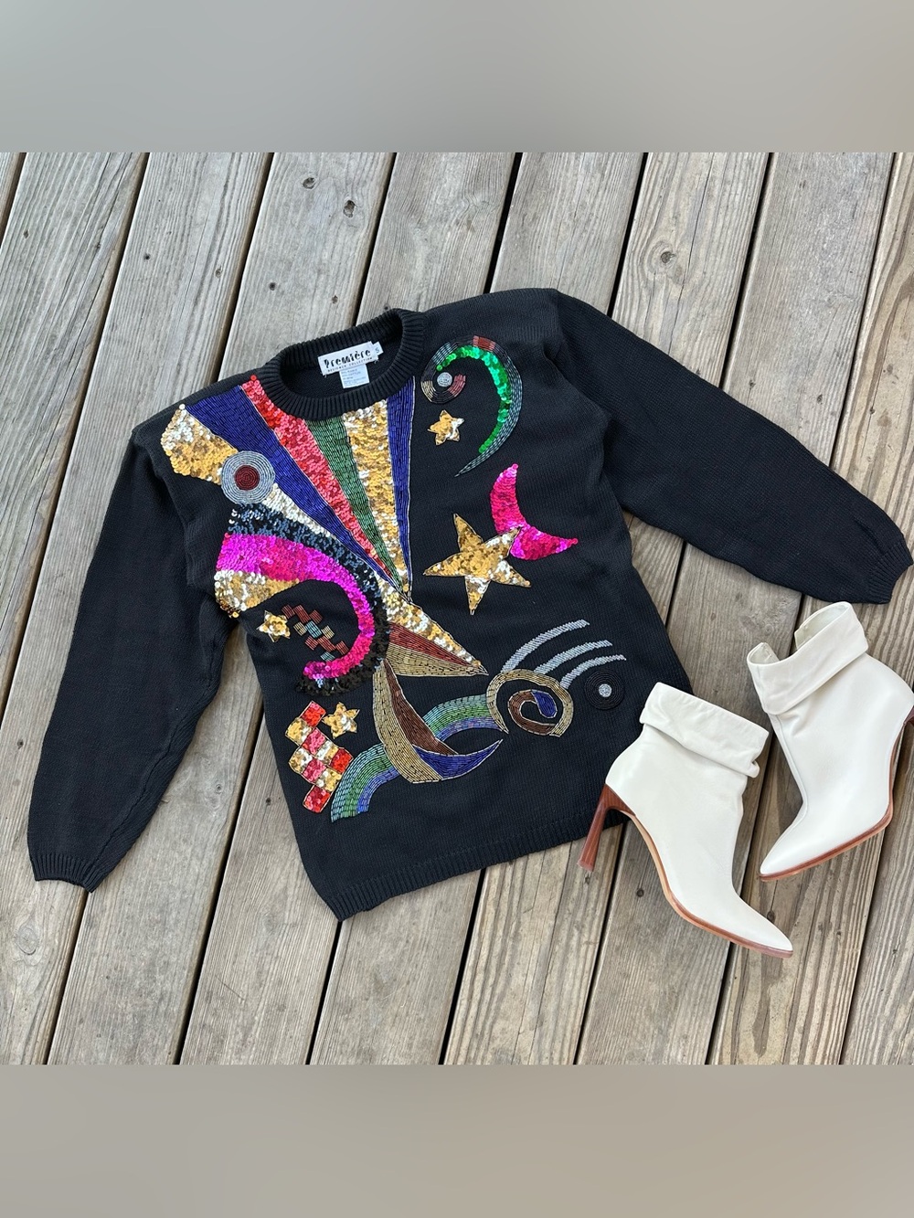 Vintage Premiere Sequin Abstract Star Moon Black Knit Sweater 80s S